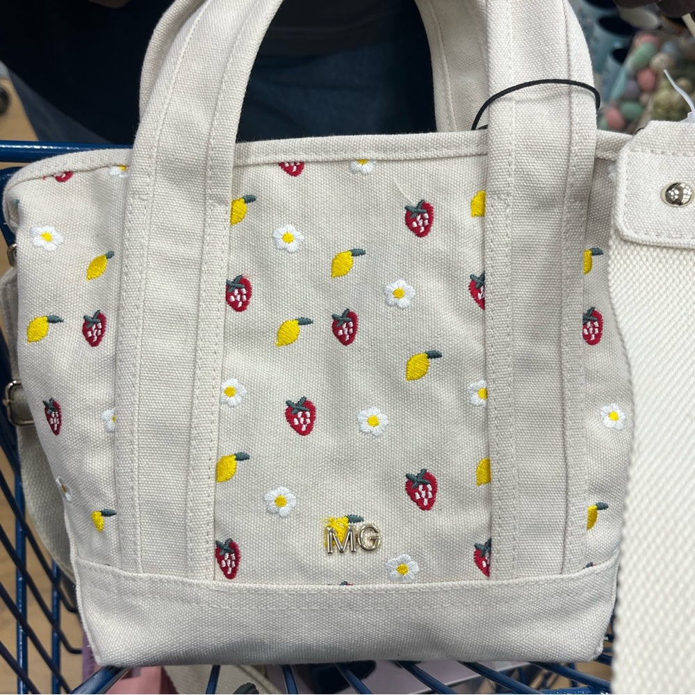 Madden Girl Beige Mini Tote with Strawberry, Daisy and Lemon Embroidery & Charms